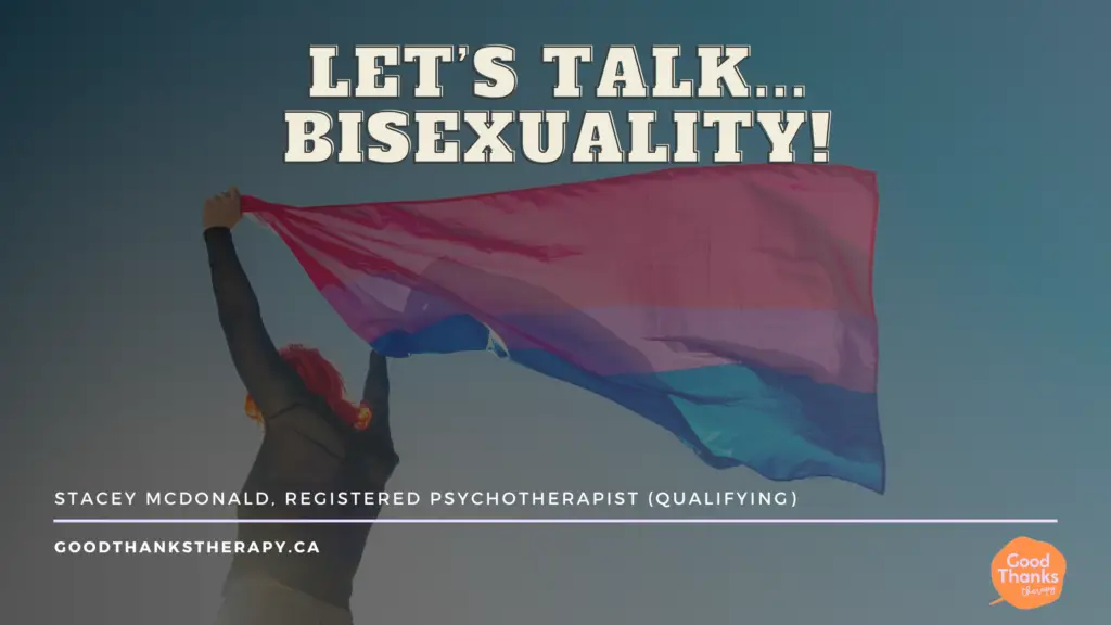 Let's talk bisexuality in white text over an image of a woman with red hair holding a bisexual pride flag