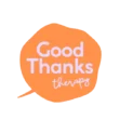 Logo featuring an orange speech bubble with Good Thanks Therapy written inside in light purple.